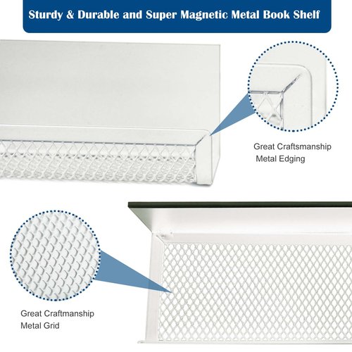 2 Pack White Metal Magnetic Book Shelf for Whiteboard Classroom, 17Inch Floating Book Display Shelves Heavy Duty Magnetic Book Holder Magnet Refrigerator Organizer for Kid Room Office Teacher Storage