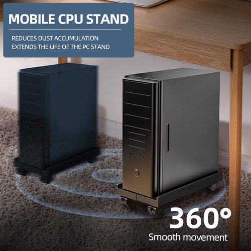Skiennix Adjustable Mobile CPU Stand - Ventilated Computer Tower Holder with 4 Caster Wheels | Fits Most PC Towers (White)