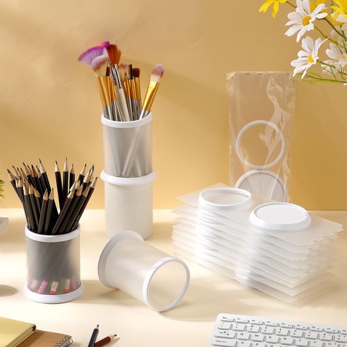 Sherr 50 pcs Pen Holder Cups Bulk for Desktop Storage Plastic Stationery Round Pencil Makeup Marker Organizers Cosmetics Makeup Brush Container for Office Desk Home School Supplies (White)