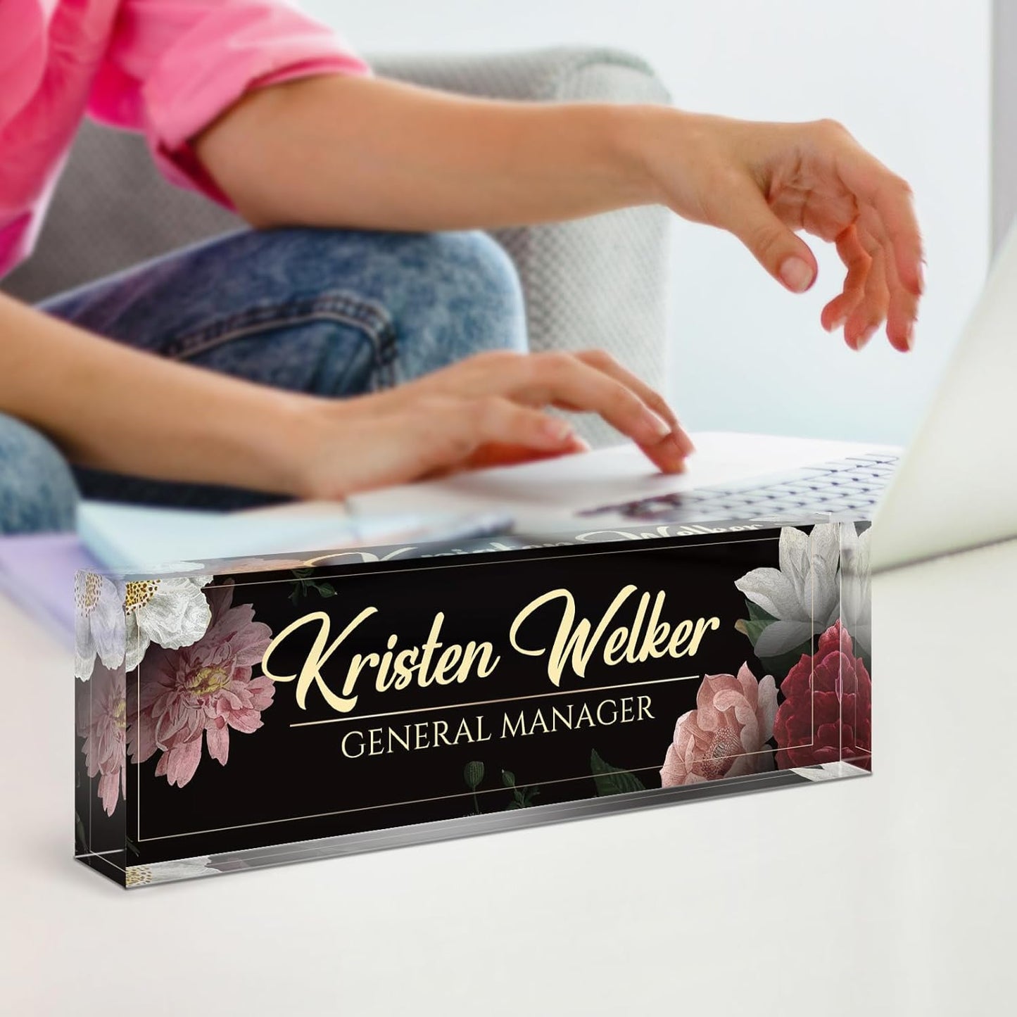 Skiennix Personalized Desk Name Plate - Elegant Acrylic Office Decor for Professionals | Black Floral Design