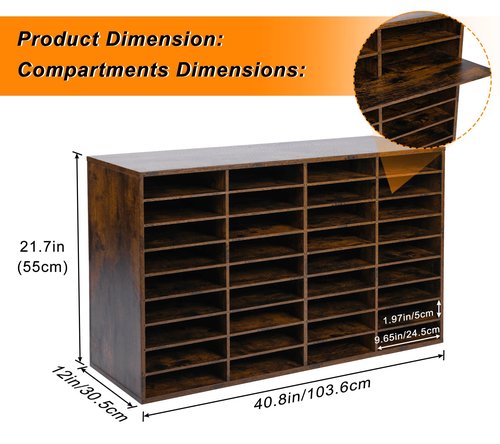 TQVAI Wood Literature Organizer, 36 Slots Classroom Mailbox with Adjustable Dividers, Mail Sorter Organizer Countertop Vertical Heavy Duty Office Mailbox Cubbies, Antique