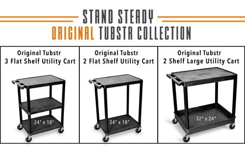 Stand Steady Tubstr 2 Flat Shelf Service Cart, Compact Heavy-Duty Utility Storage, Great for Home, Office, and Warehouse, 24 x 18, Moves Cargo Easily (Black)