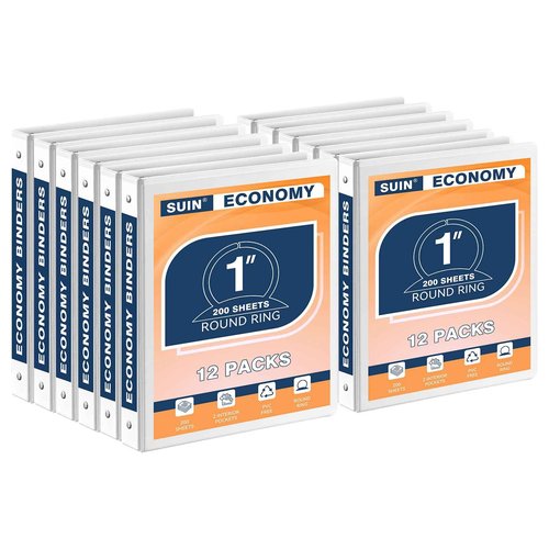 SUIN Economy 1-Inch 3-Ring-Binder, Customizable Clear View Cover, for US Letter Size 8-1/2 x 11'', Perfect for Office/School (White - 12 Packs)