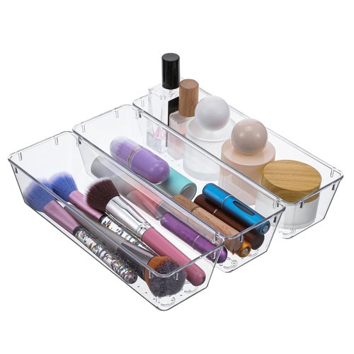 MAQUITA 12 Pcs Vanity Drawer Organizer 9 x 3 x 2 Inches Clear Plastic Utensil Organizers Kitchen Drawers Dividers for Office Desk Silverware Kitchen Utensils Cosmetics and Bathrooms(Clear)