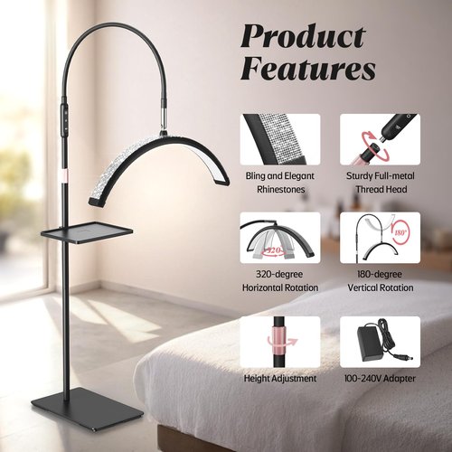 Mznoo Lash Light, 23 Inch Bling Diamond Half Moon Light for Eyelash Extensions, Nail Art, Tattoo Art and Skincare, Adjustable Color Modes and Flexible Gooseneck, with Tool Tray (Black)
