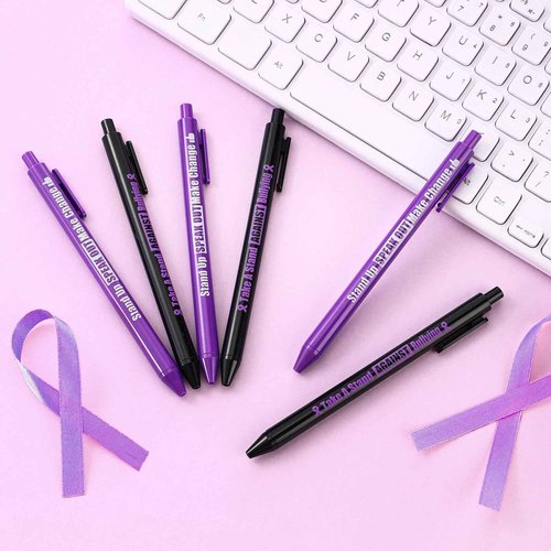 Cholemy 300 Pcs Domestic Violence Awareness Item Bulk Purple Ribbon Ballpoint Pens Bulk Black Ink Retractable for Stop Domestic Violence Event Party Favors Activity Supplies