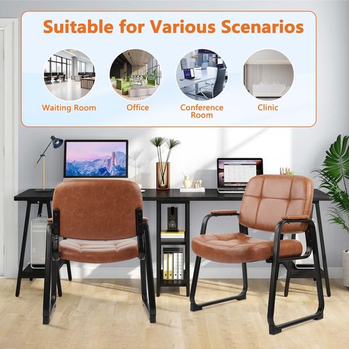 CLATINA Big and Tall 400 lbs Office Guest Chair with Sled Base, Leather Waiting Room Reception Chair No Wheels with Padded Arms for Elderly Home Meeting Conference Room Lobby Side Salon, Brown 2 PK