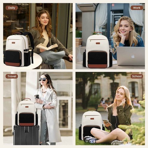 LOVEVOOK Laptop Backpack for Women with Pouch Pocket for Large Capacity Cup,18 Inch Laptop Computer Bag Travel Backpack Purse,Waterproof Work Business Backpack College Teacher Bags,Beige-Black-Brown
