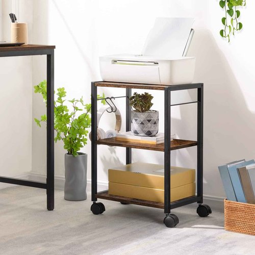 MAHANCRIS Printer Stand, 3-Tier Under Desk Rolling Cart with Storage Shelf, Heavy Duty Printer Table with Wheels for Home and Office, Printer Shelf with 2 Hooks, Small Spaces, Rustic Brown PTHR4001Z