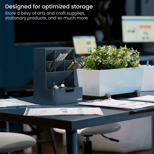 ARTEZA Desktop Pen and Marker Organizer – 6-Compartment Blue Holder with Drawer for Desk, Office, Makeup, and Art Supply Organization