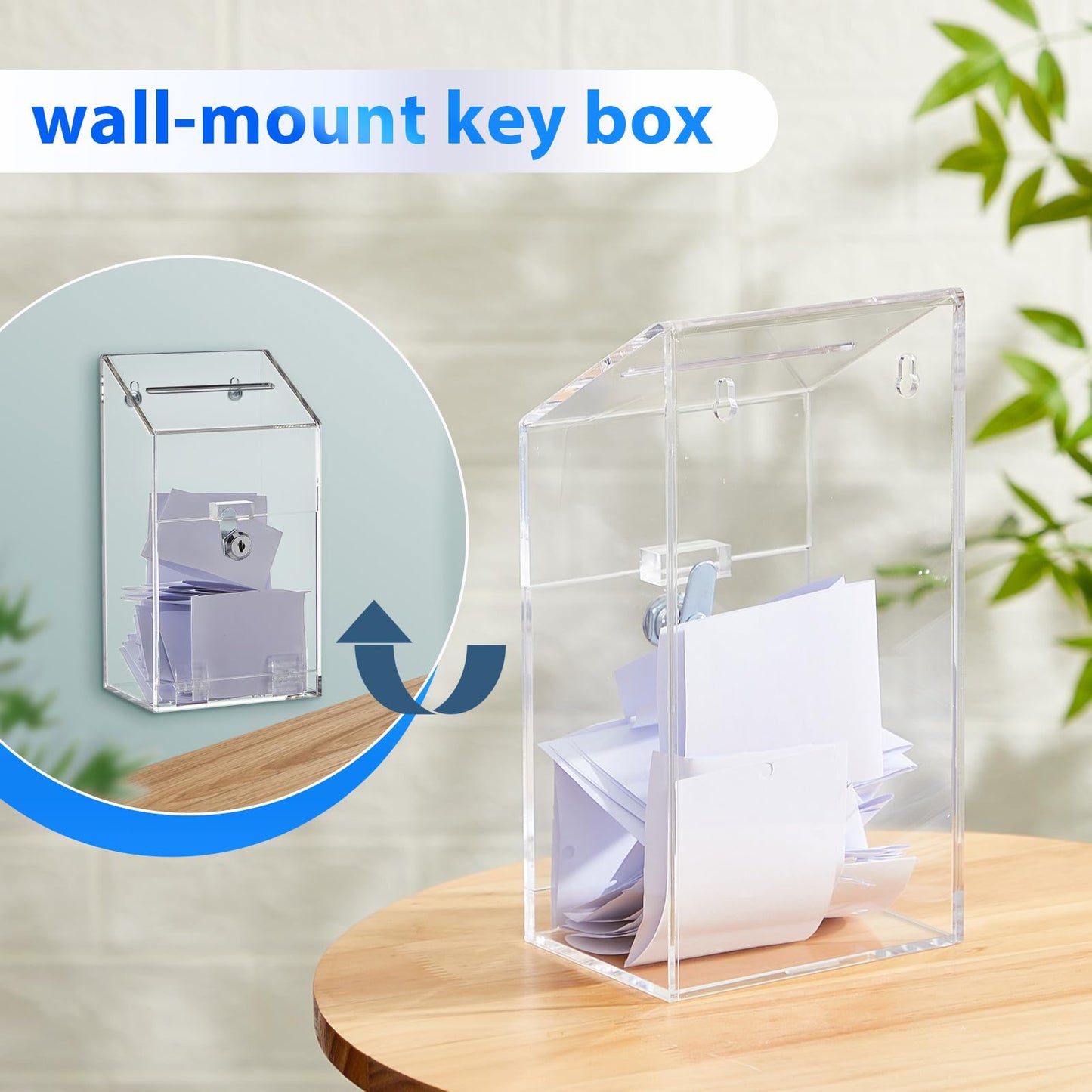 Juexica Large Clear Acrylic Donation Box with Lock and Slot, Wall Mountable Suggestion Ballot Box, Raffle Ticket Boxes for Office, School, Church, Voting & Fundraising, 10.24'' x 5.63'' x 4.02''