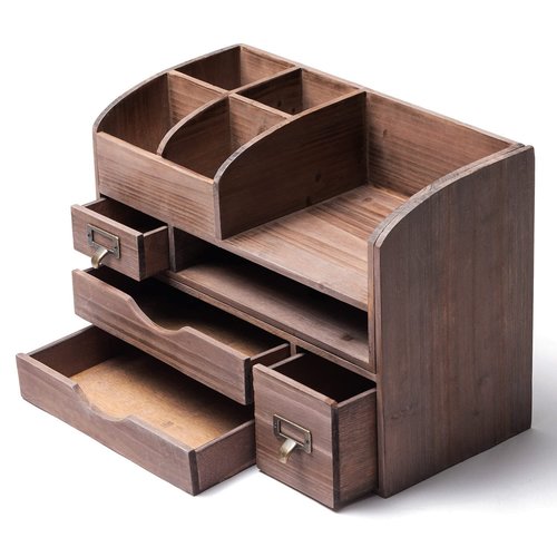 Executive Office Solutions Adjustable Wooden Desk Organizer For Desktop, Tabletop, Office or Counter – Wood Storage Shelf Rack For Office Supplies, Desk Accessories, or Mail – Brown