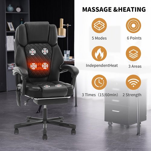 High-Performance Black Massage Office Chair Extendable Footrest + 6-Zone Vibration Heating 400lbs Heavy-Duty Recliner Ergonomic Executive Managerial Chair for Home Office Black