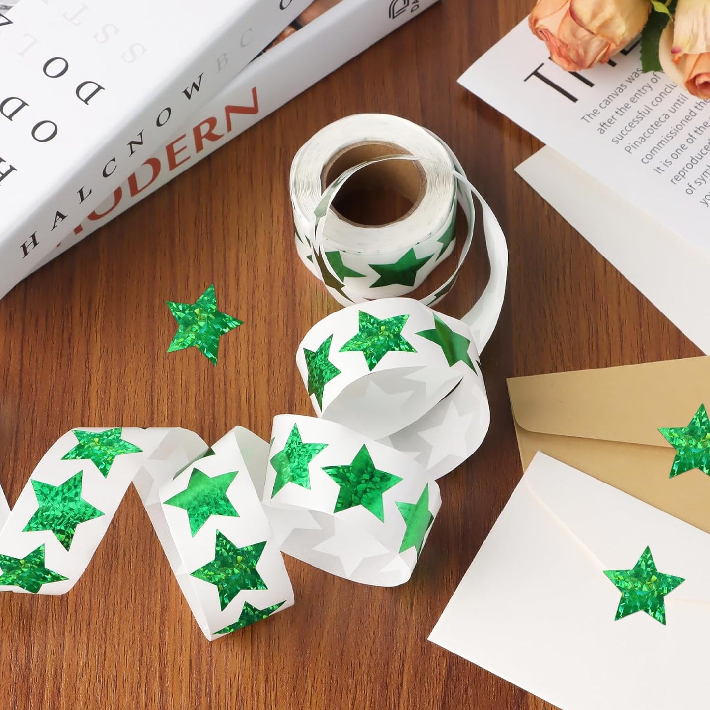 Skiennix Holographic Green Star Stickers - 500 PCS Self-Adhesive Glitter Foil for Kids' Reward Charts