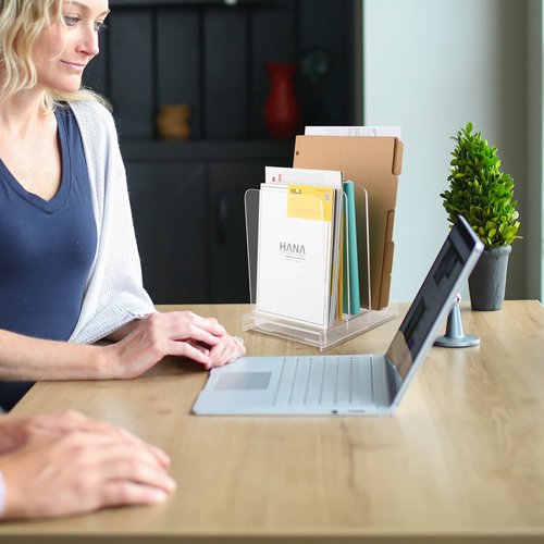 Homakover Acrylic Desk Organizer and File Organizer, 3 Slots Desktop File Organizer Standing Rack on Table for Magazines, Binders, Mails & CD Records Storage Holder with Detachable Dividers
