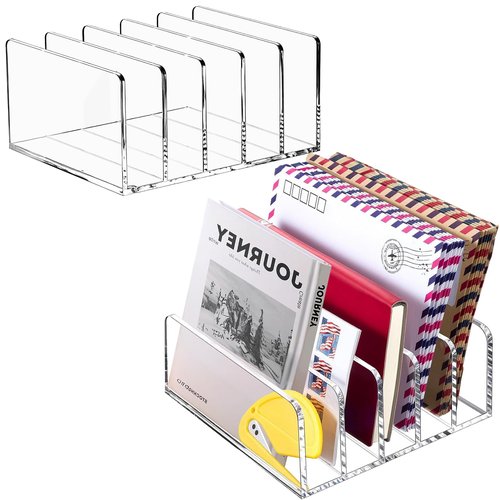 RAJOVE 2 Pack Acrylic Desk Letter Organizer, 5 Compartments Clear File Mail Organizer for Desk, Multifunction Modern Office Home Envelope Organizer for Office,Home, Classroom Bill, Document, Notebook