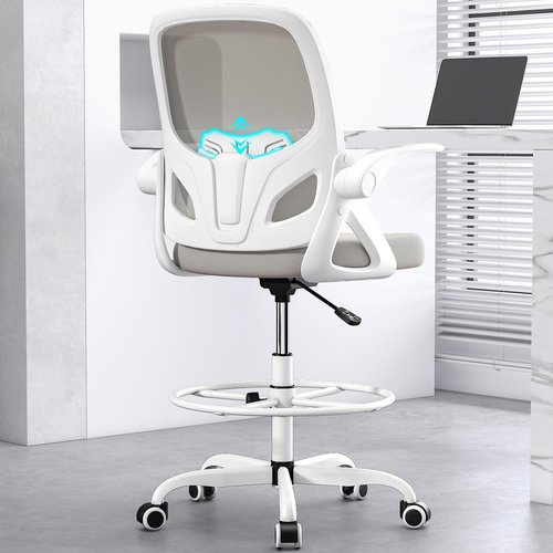 Kensaker Tall Drafting Chair with Footrest Ring for Home and Work, Ergonomic Home Desk Office Chair with Flip up Arms and Lumbar Support, Extended Height Executive Home Desk Office Chair(Gray)
