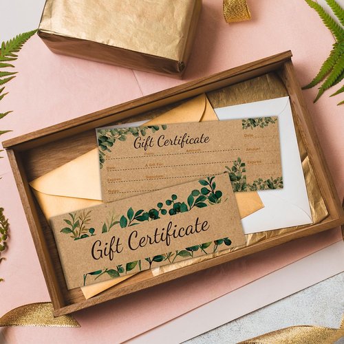 50 Sets Gift Certificates for Business, Blank Kraft Gift Cards Certificates with Envelopes for Salon Restaurants Spa Marriage Birthday Client Christmas Vouchers - Retro Leaf