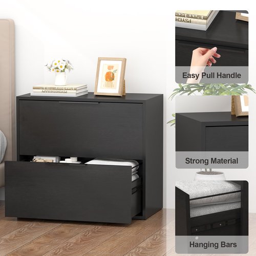 FATIGOS Lateral File Cabinet, Wood Black File Cabinet with Hanging Bars for Letters, Horizontal File Cabinets for Home Office