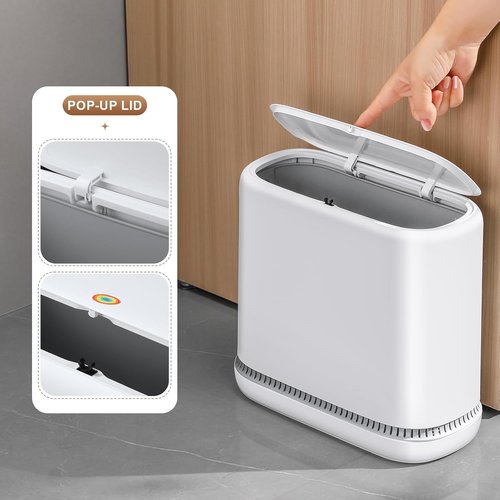 Funest Bathroom Trash Can - 10L Dog-Proof Slim Plastic Bin with Press Type Lid | Stylish & Space-Saving