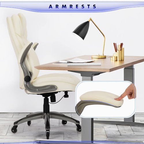 Executive Office Chair-Ergonomic Computer Desk Chair with Upgraded Caster for Swivel, High Back Office Chair with Padded Flip-up Arms, Stylish Leather Chair Thicken Seat for Comfort (Ivory, 300lbs)