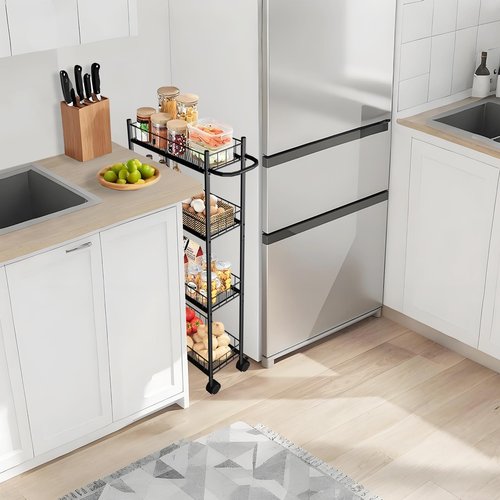 Utility Slim Storage Cart, 4-Tier Storage Cart, Narrow Cart with Handle, 7.1 Inches Deep, Metal Frame, for Kitchen, Dining Room, Living Room, Home Office, Rustic Brown and Classic (4 Tier Black)