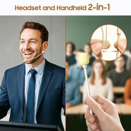 Wireless Headset Microphone, UHF Skin Tone Head Mic Speaker System, Beige Professional Voice Amplifier Microphones, with 164ft Range, Ideal for Teachers, Tour Guides, Fitness Coaches, Conferences