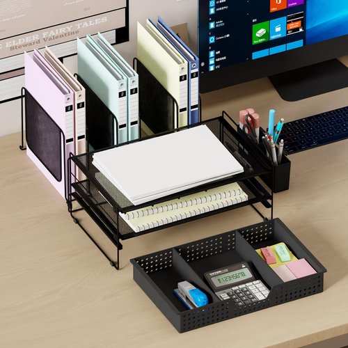 LEKETREE Desk Organizer, Office Organization with Vertical File Holder, File Organizer with Drawer and Pen Holder, Desk Accessories and Workspace Organizers for Home Office (Black)