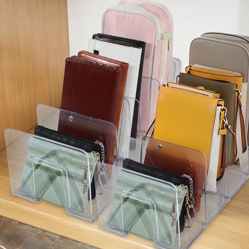 Wideotng 4 Pack Clear Acrylic File Sorter, Sturdy Desktop Book Folder Organizer, 4 Section Purse Handbag Clutch Divider for Closet, Office Storage Rack Holder for Letter, Binder, Document, Electronics