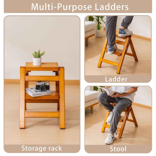 SOBIBO Wooden Step Stool, Foldable 2 Step Ladder, Solid Wood Ladder Stool for for Home, Kitchen & Garden Walnut