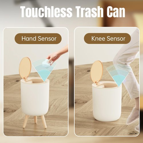 URALFA Motion Sensor Trash Can with Lid, 1.8 Gallon Electric Bathroom Garbage can, Small White Wastebasket Touchless Trash Bin with Legs, Automatic Mini Trashcan for Toilet, Bedroom, Office, White