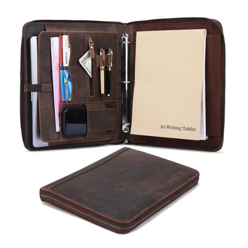 Premium Leather Portfolio Organizer with Zipper - Brown Business Padfolio with Card Slot, Document Holder, Pen Loops | Leather Padfolio with 3 Rings Binder Legal Pad Holder Podfolio for Men & Women