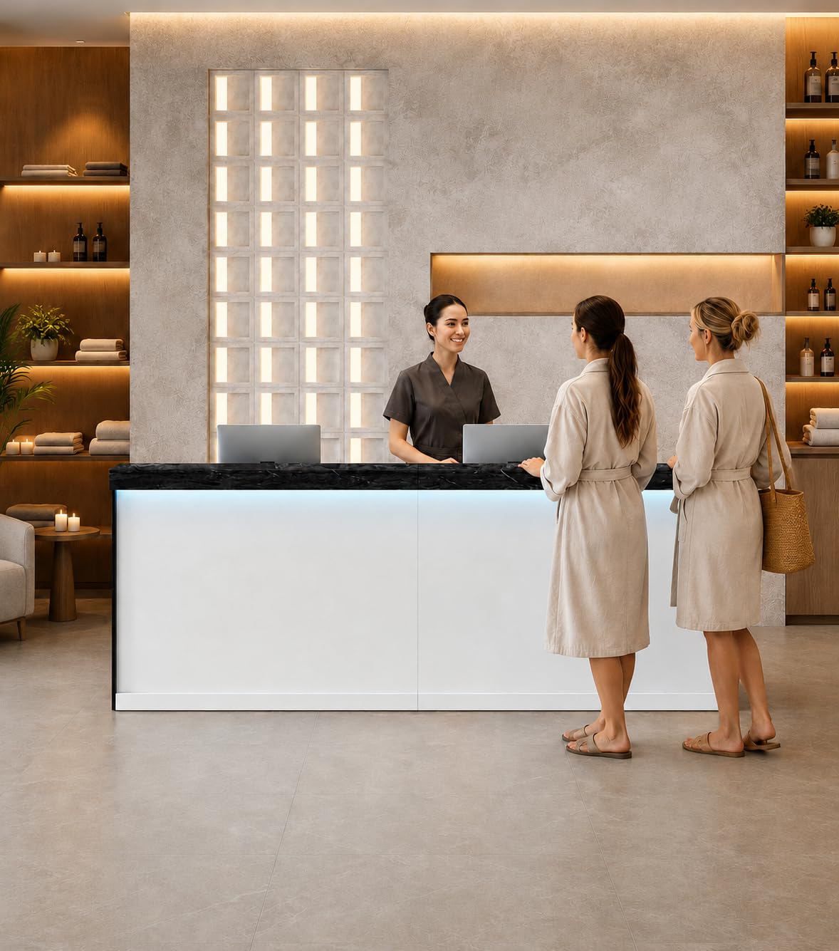 Anzhap 71" Reception Desk with LED Lights & Keyboard Tray, Front Desk Reception Counter with Lockable Drawer, Enclosed Cabinet & Cable Grommet for Office, Salon, Clinic, Lobby (Black Grain & White)