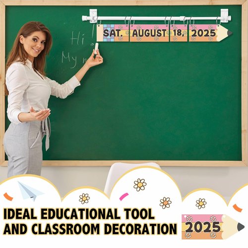 AmazingSpark Retro Pencil Shape Flip Calendar with Adjustable Calendar Holder and 54 Date Cards Classroom Set for Home Back to School Classroom Decoration Supplies (Disco)