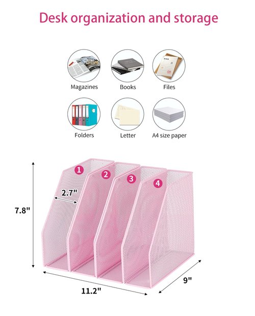 AUPSEN File Organizer for Desk, 4-Pack Magazine Binder Holder Desk File Organizer, Mesh File Folder Organizer for Home Office Organization (Pink)