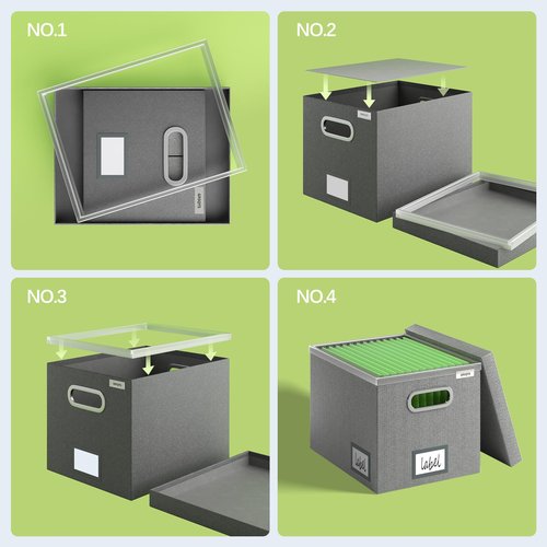 GRSQYS File Organizer Box - File Boxes for Hanging Files with Lid Set of 2 Decorative Hanging Folders Letter Size Organizer with One-Piece Plastic Frame Slides (Grey, 13.2 * 10.1 * 10.1in(2Pack))