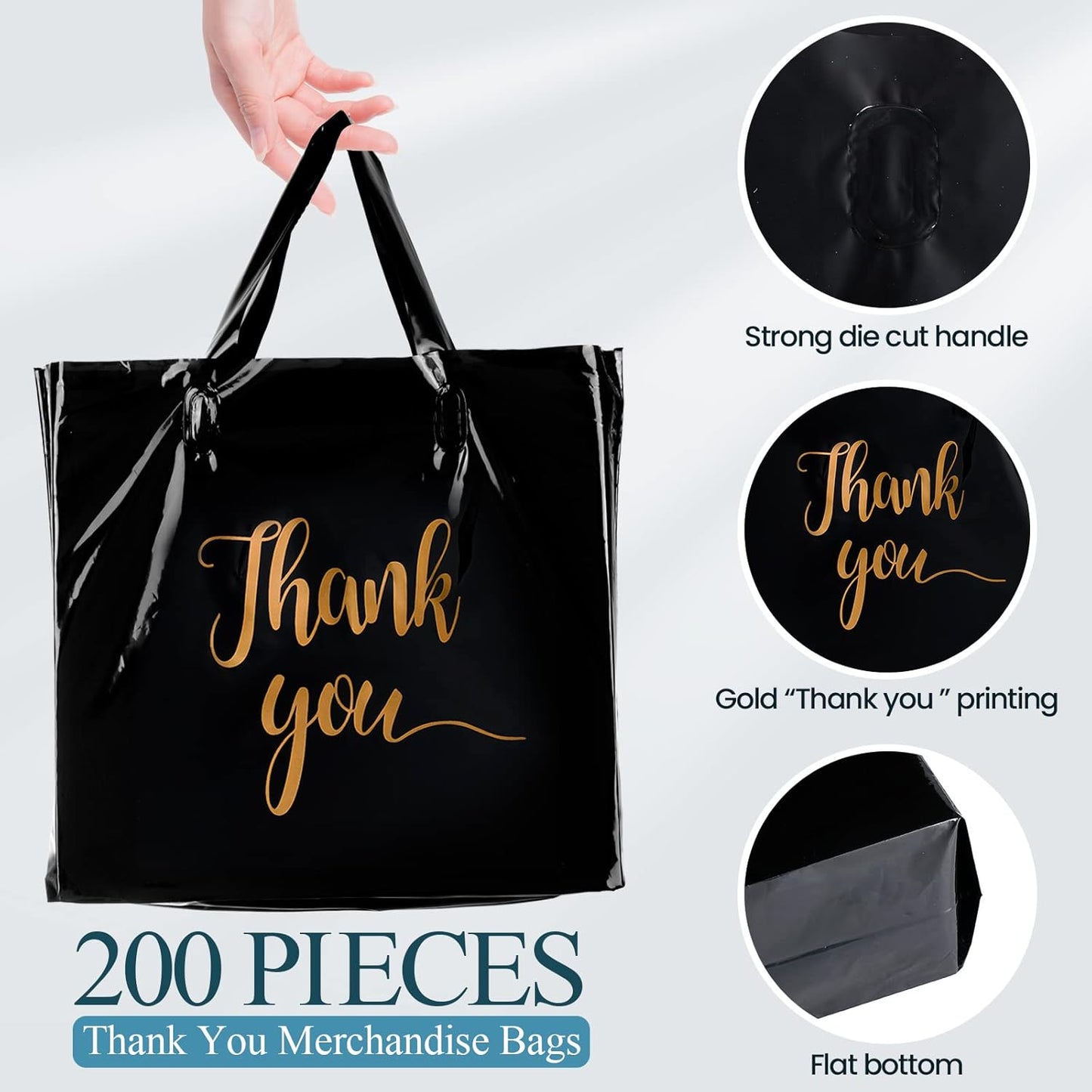 Teling Thank You Merchandise Bags - 200 Pcs Bulk with Handles | 3 Sizes: 9x12'', 12x15'', 15x18'' (Black)