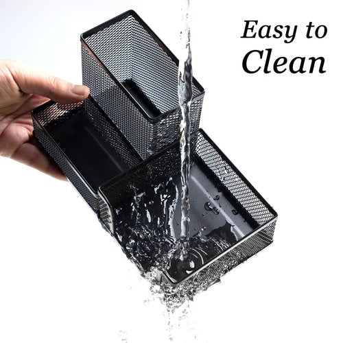 EMIZIU 4 Pieces Mesh Pen Holder Desk Organizers and Accessories for Deskop Organizer,3 Compartments Black Pencil Holder for Office Supplies,Gifts for Colleague