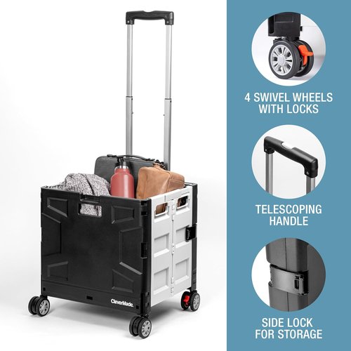 CleverMade Collapsible Crate on Wheels - 35L Rolling Cart with Lid & Handle | Foldable Utility for Groceries, Travel, Office - Holds 75 lbs, Cool Gray