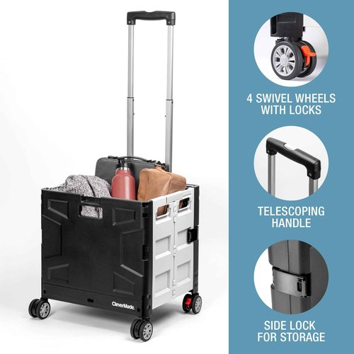 CleverMade Collapsible Wheeled Crate with Lid, 4-Wheels - Swivel and Glide Rolling Crate with Handle and Double Wheels for Easy Transport and Versatile Use - 35L and 75lb Capacity, Black/Cream