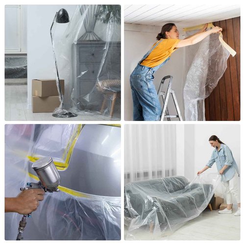 HARFINGTON 12 Rolls Pre-Taped Masking Film 118.1" x65.6ft Tape and Drape Painters Plastic Drop Cloth Film with Tape Plastic Sheeting for Automotive Painting Covering