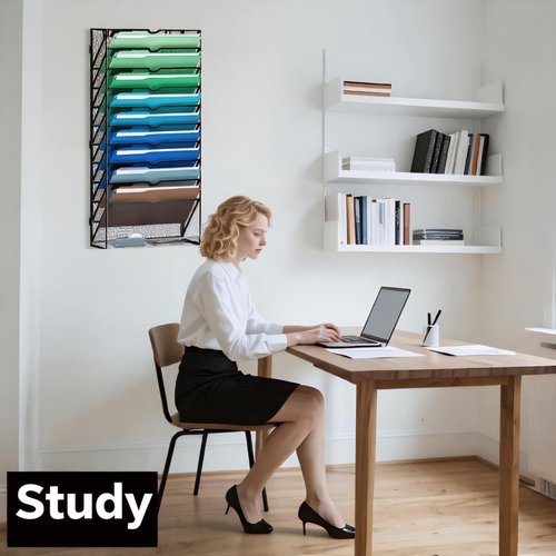 ELEGANT AURA 10 Tier Hanging Wall File Organizer, Wall File Holder Wall Mount Paper Folder Organizer, Mesh Magazine Document Mail Organizer Wall Organizer for Office School Home, Black