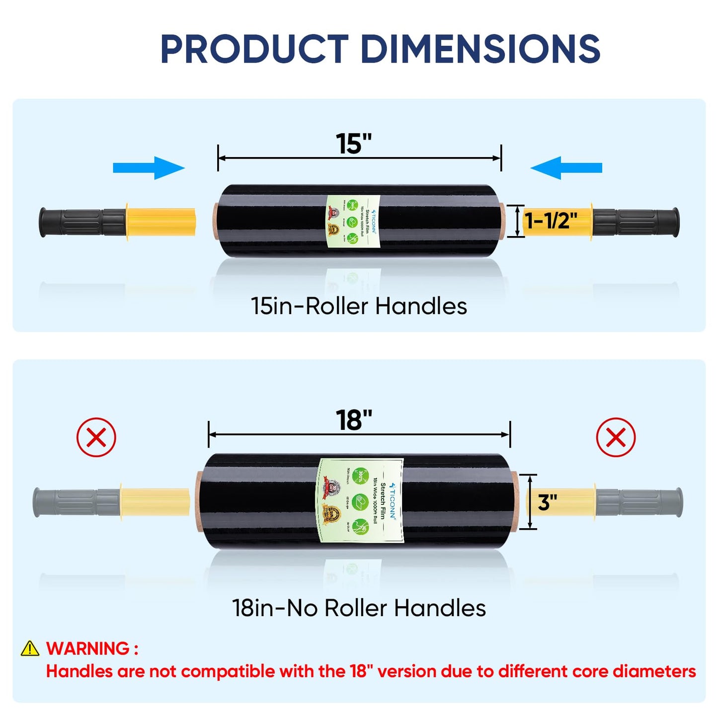 TICONN 1Pk Stretch Wrap Stretch Film Roll, 1000ft Industrial Strength 15 inch Wide Black Plastic Wrap with Handles for Pallet Wrapping Shipping Moving