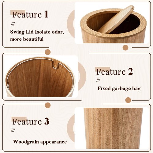 Reallnaive 2 Pieces 8 L/ 2.1 Gal Round Trash Can with Lid Wooden Garbage Can Swing Lid Waste Recycling Bin for Office Home Living Room Kitchen, 9.45 x 7.6 x 11.8 Inch