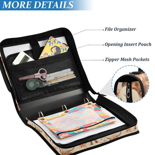 ALAZA Zipper Binder 3 Ring Highland Cow Flowers Binder Organizer with Zipper and Shoulder Strap Large Capacity Multi-Pocket Trapper Keeper File Folder for Office Supplies