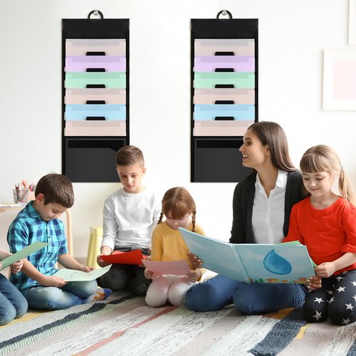 Teling 2 Pcs Wall File Organizer Hanging Folders Wall Storage and Classroom Organization 6 Removable Poly Hanging File Organizer for Classroom Home Office School(Pastel)