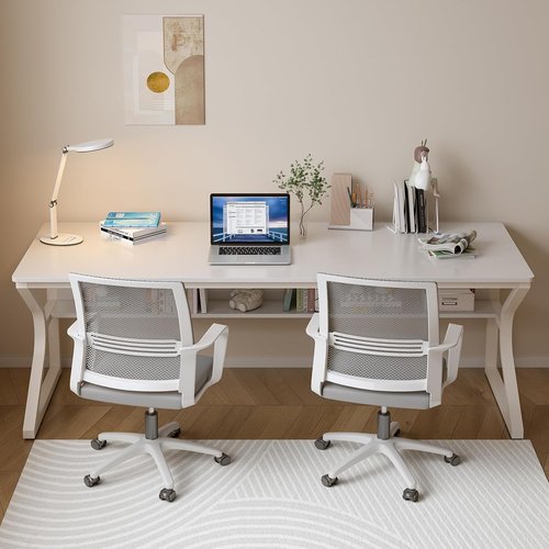 OSCHF Extra Long Desk - 71" Double Writing Table with Bookshelf for 2-Person Workstation | Modern Warm White