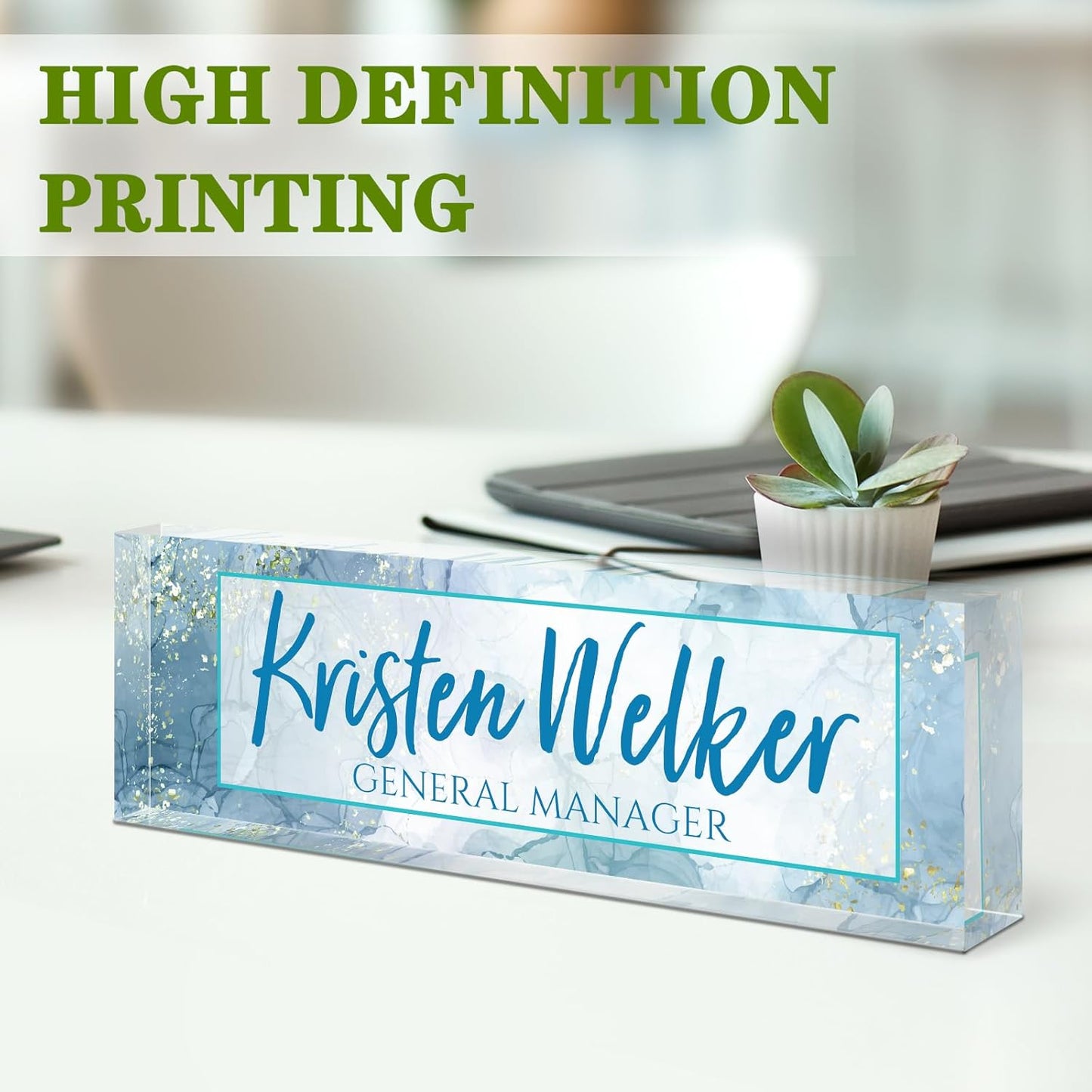 Skiennix Personalized Desk Name Plate - Elegant Acrylic Office Decor for Men & Women | Blue Marble Finish