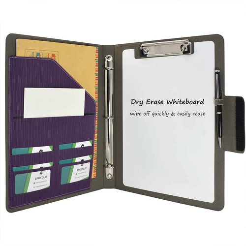 3-Ring Binder Padfolio with Whiteboard Clipboard and Expanded Document Bag, Padfolio Ring Binder Business Organizer Portfolio Case (Purple)