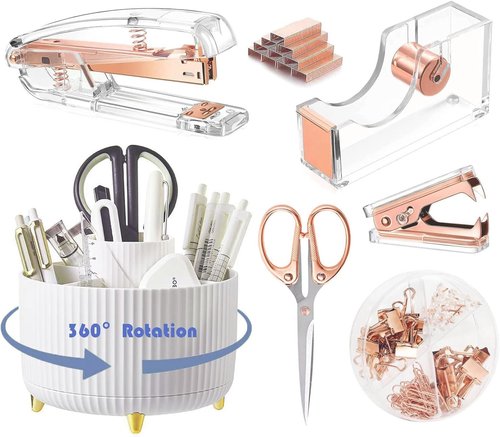 Gawsey Rose Gold Desk Organizer Set - 360-Degree Rotating Pen Holder, Acrylic Stapler & Accessories